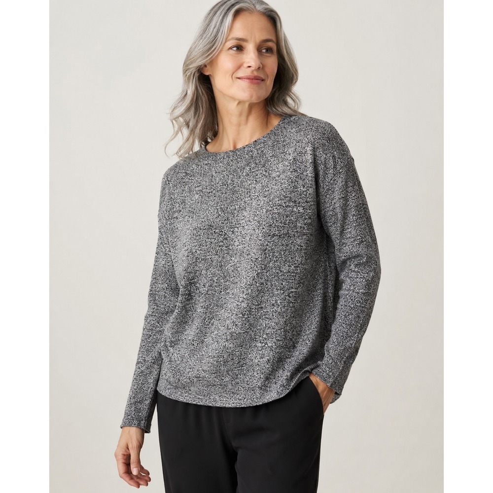 Eileen Fisher Silk Organic Cotton Marled Knit Boat Neck Top Black White S F19HMY